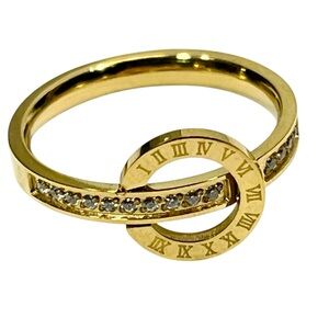 Stainless Steel 18k Gold Plated Roman Numeral Ring Rhinestone Half Band Sz 6
